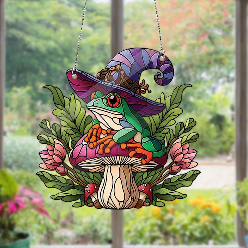 Mushroom Witch frog Colorful Leaves Acrylic Window Hanging Decor, Mushroom Window Hangings, Mushroom Mom Decoration, Mushroom Hippie