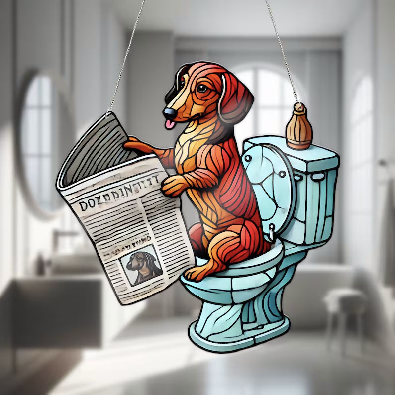 Dachshund Sitting On Toilet ACRYLIC Window Hanging, Funny Dachshund Decor, Bathroom Decor, Bathroom WIndow Hanging, Dachshund Lover Decor