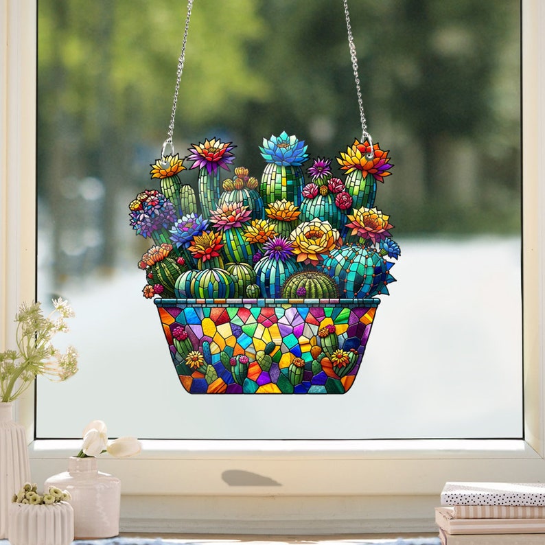 Catus Flower Plant Acrylic Window Hanging, Window Hangings Home Decoration, Gift For Flower Lover’s, Gitf For Garden, Flower Lover’s , Backyad Garden