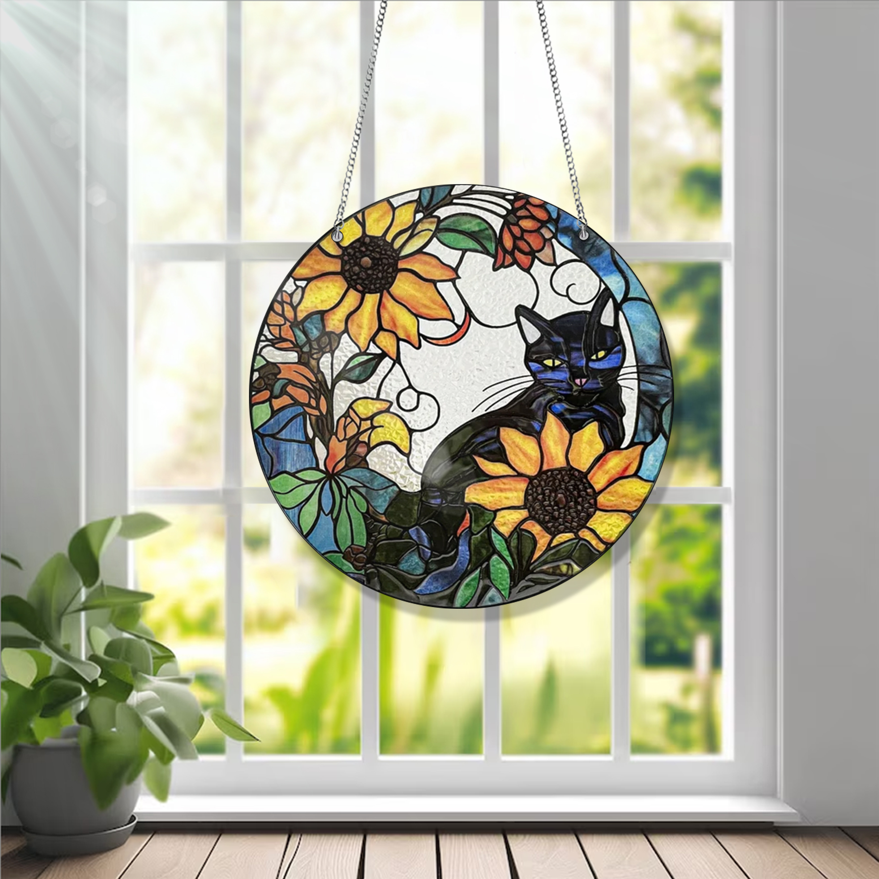 Cat And Sunflower Acrylic Window Hanging