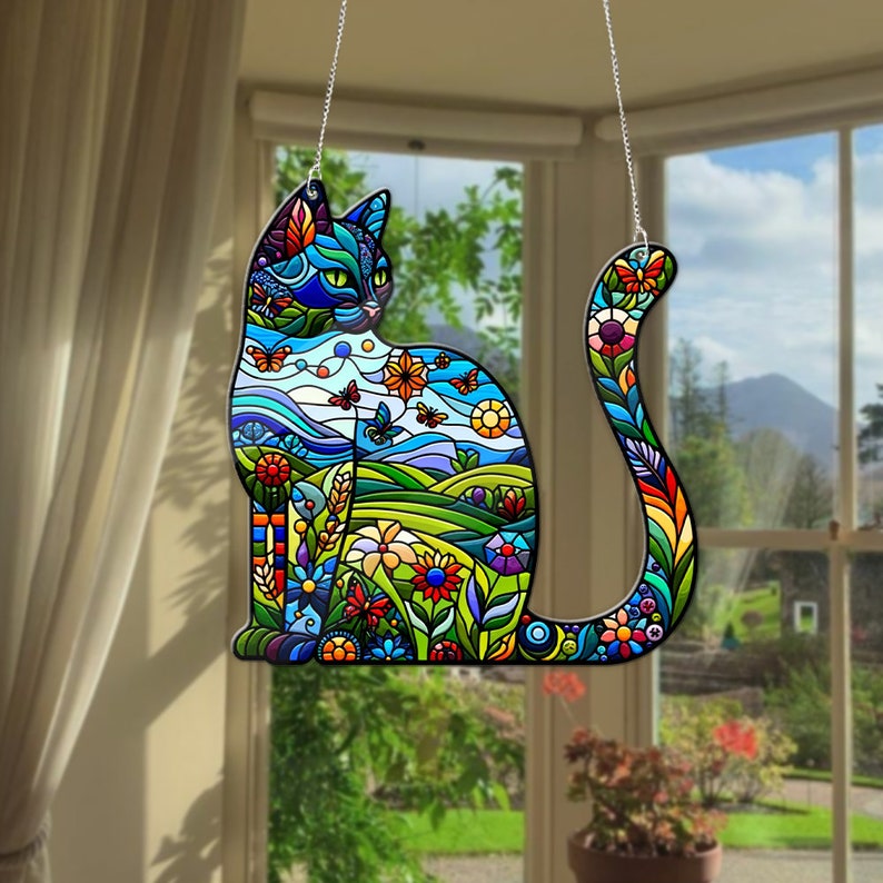 Floral Cat ACRYLIC Window Hanging, Cat Plant Flower Art, Tropical Home Decor, Cat Mom Gift, Special Mother’s Day Gift