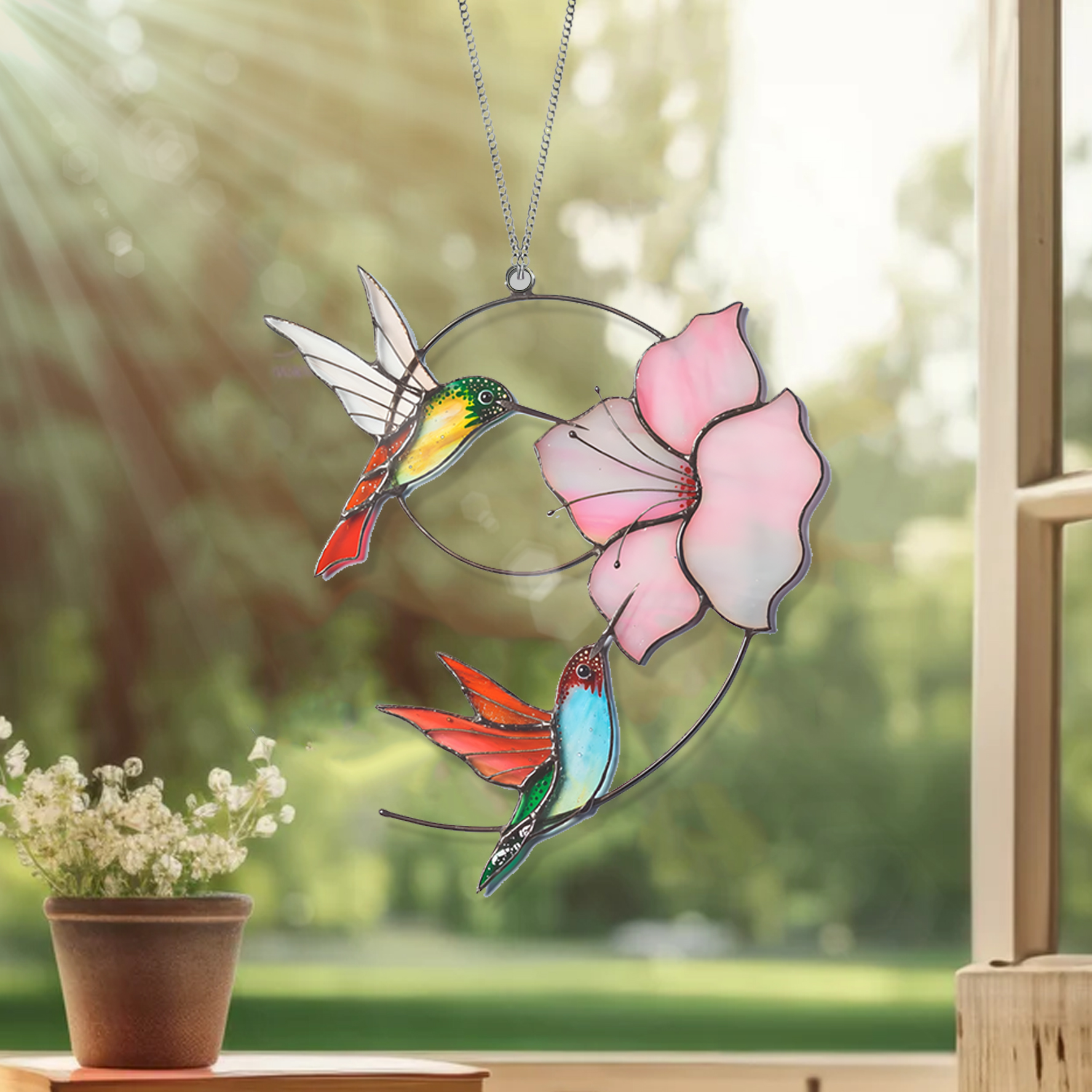 Hummingbird Couple And Flowers Acrylic Window