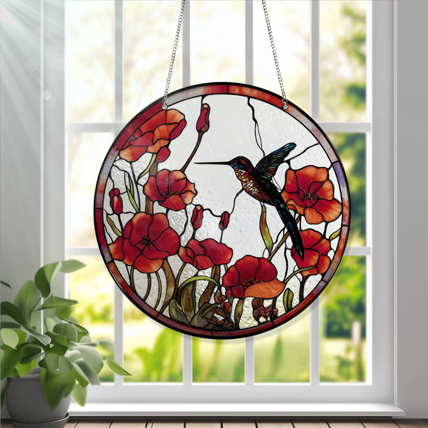 Hummingbird Poppy Flower Acrylic Window Hanging