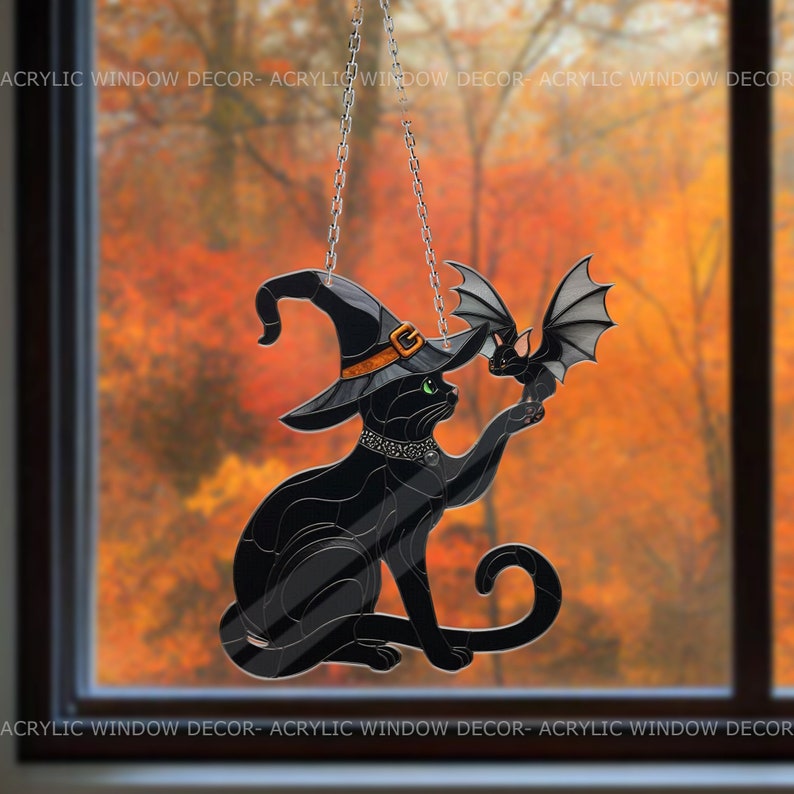 Fall Black Cat Touching Bat Acrylic Window Hanging