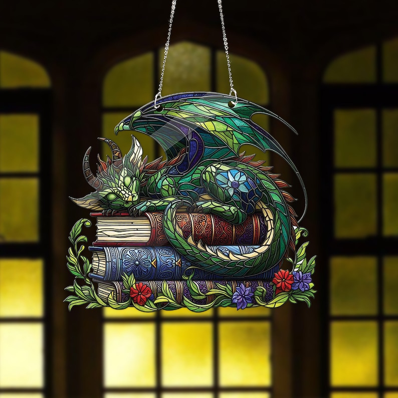 Dragon Sleep Over Books Acrylic Window Hanging