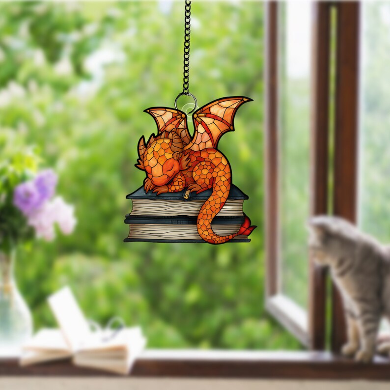 Orange Dragon Sleeping on Books Acrylic window