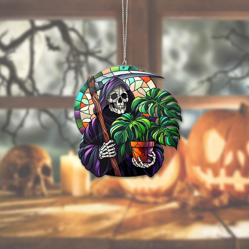 Grim Reaper Holding Monstera Halloween Acrylic Window hanging, Hanging Ornament Decor, ACRYLIC Material, Halloween Monstera Lovers, Halloween Grim Reaper