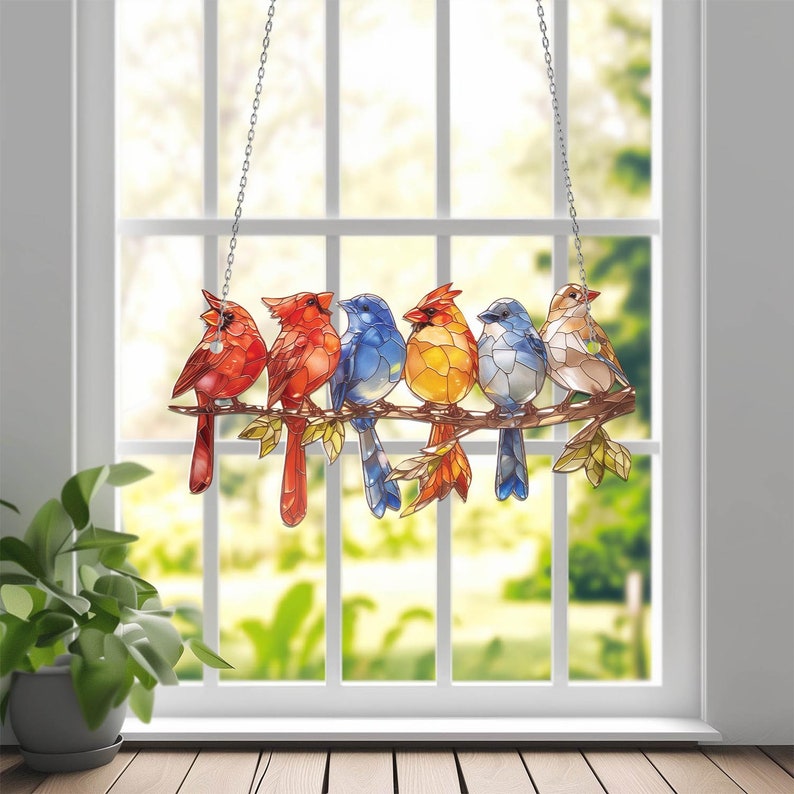 Six Little Bird on Branch Acrylic Window Hanging, Bird Decor, Gift For Bird Lover, Gift For Cardinal Bird Lovers, Bird Lover’s , Garden Lover’s , Home Decore