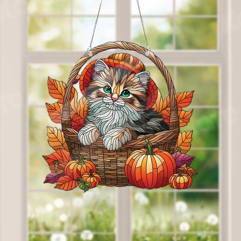 Cat Autumn Acrylic Window Hanging, Flowers Arcylic Window Hanging Art Decoration, Cat home decor , gift for her, Housewarming Gift