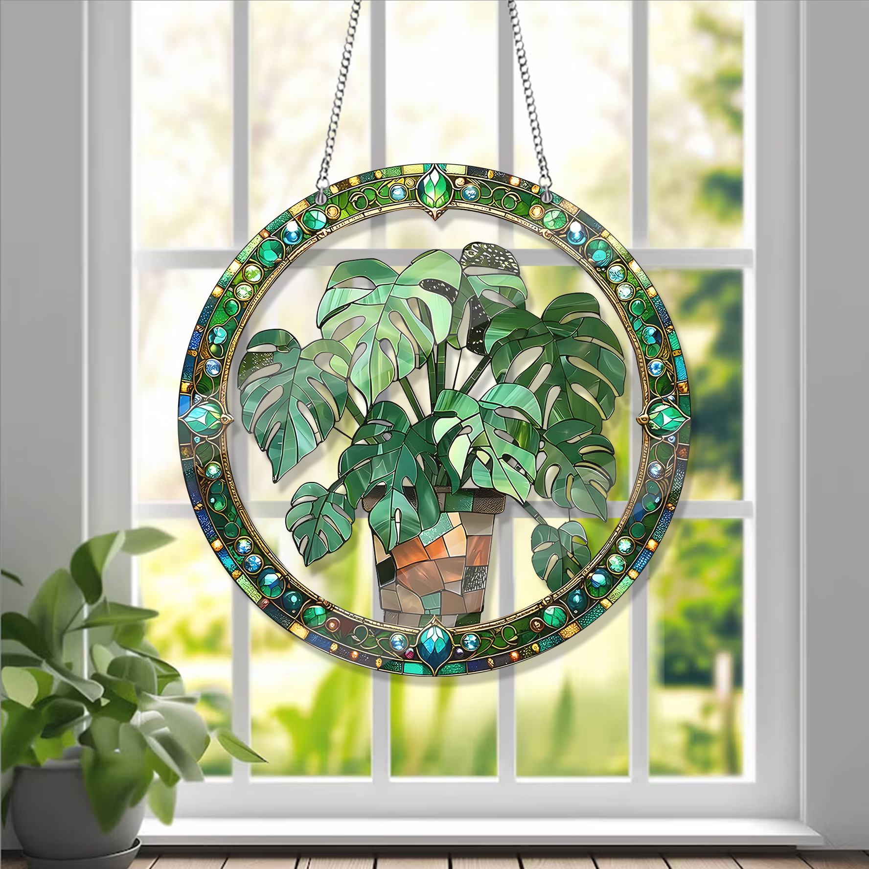 Monstera Leaves Flower Garden Acrylic Window Hanging, Flower Home Decor ...