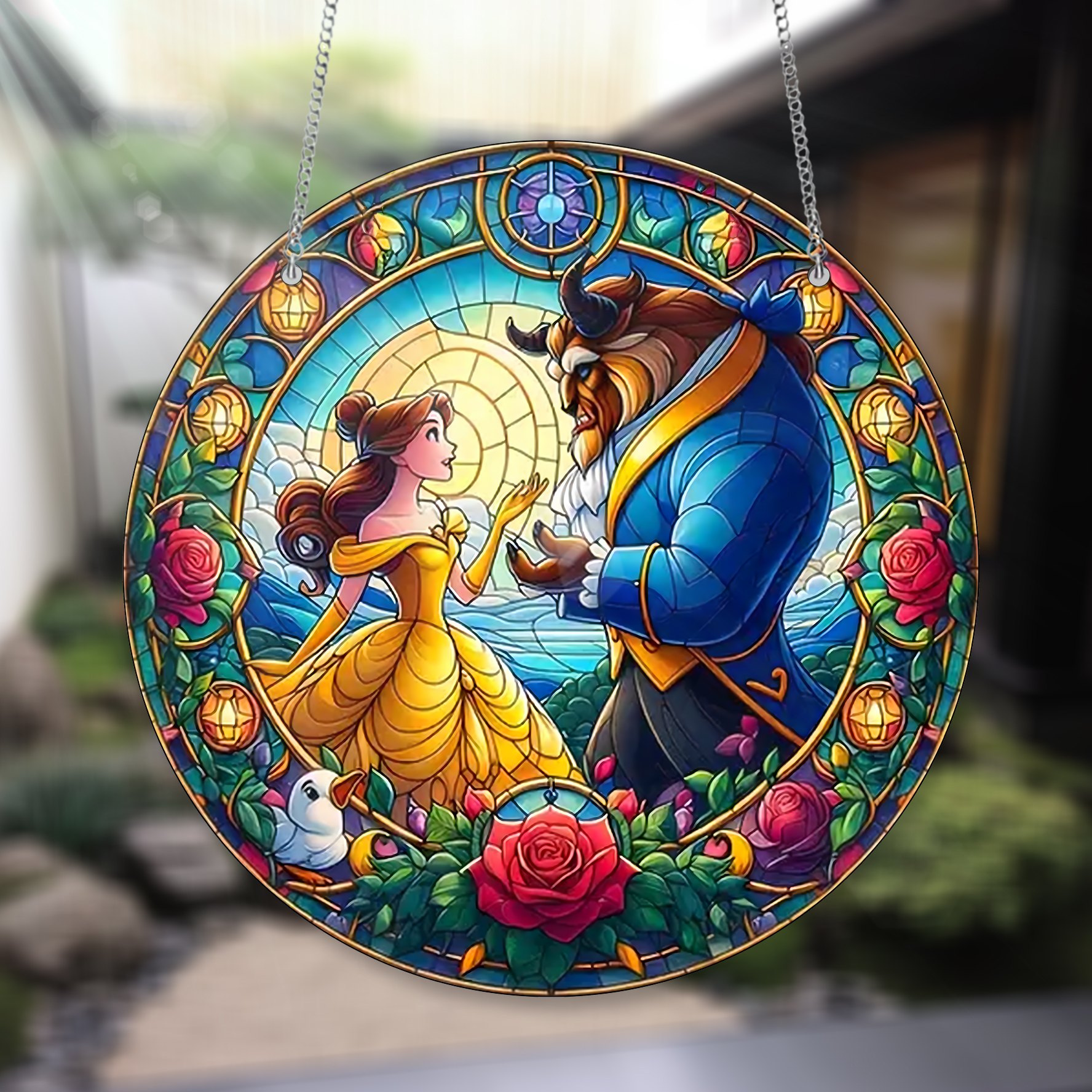 Beauty And The Beast Couple Romantic Sunset Customized Acrylic Window Hangings, Disney Lover’s, Disney Window hanging, Home Decor , Gift For Disney Lover’s