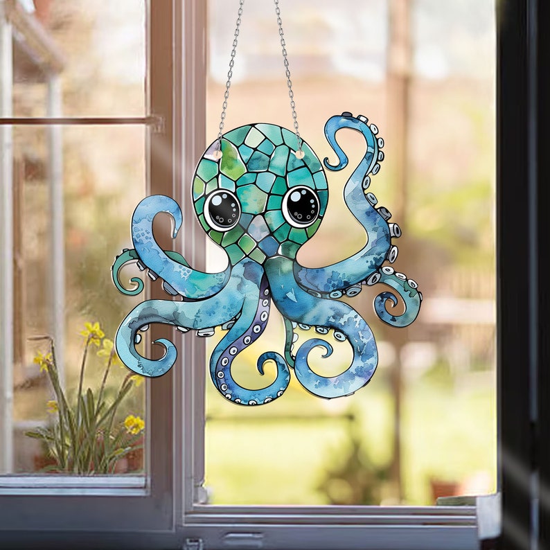 Blue Octopus Acrylic Window Hanging, Octopus Window Hangings, Gift For Octopus Lover, Octopus Home Decoration, Father’s Day Gift, Mom Gift