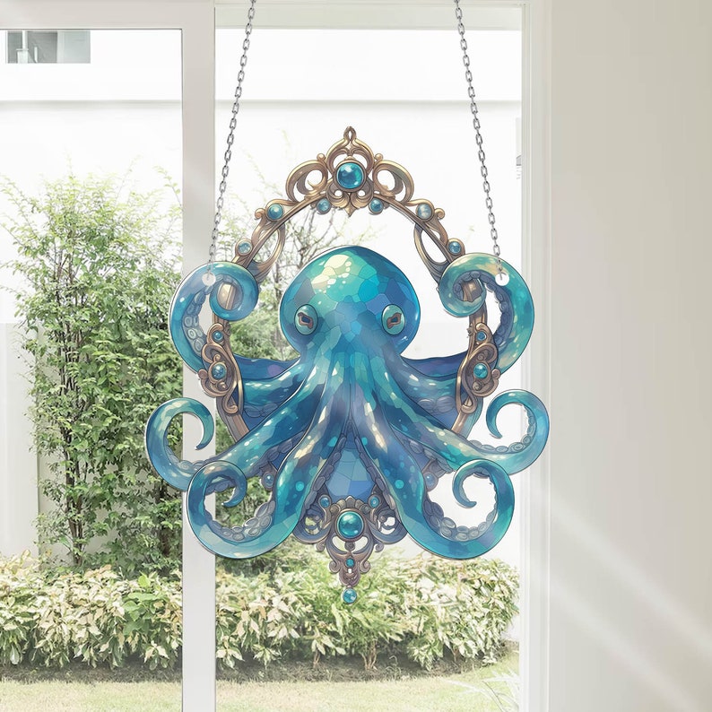 Blue Octopus Acrylic Window Hanging, Acrylic Window Hanging, Gift For Octopus Lover, Octopus Home Decor, Gift For Dad, Mom Gift