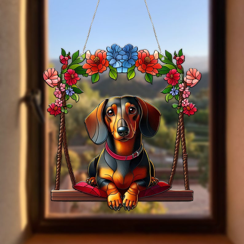 Dachshund On Floral Swing Acrylic Window Hanging, Dog Mom Gift, Dog Lover Gift , Home Decor , Pet Lover’s , Gift For Dog Lover’s