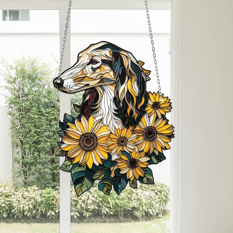 Saluki Dog With Sunflower Flower Dog Acrylic Window Hanging, Dog Mom Gift, Dog Lover Gift , Home Decor , Pet Lover’s , Gift For Dog Lover’s