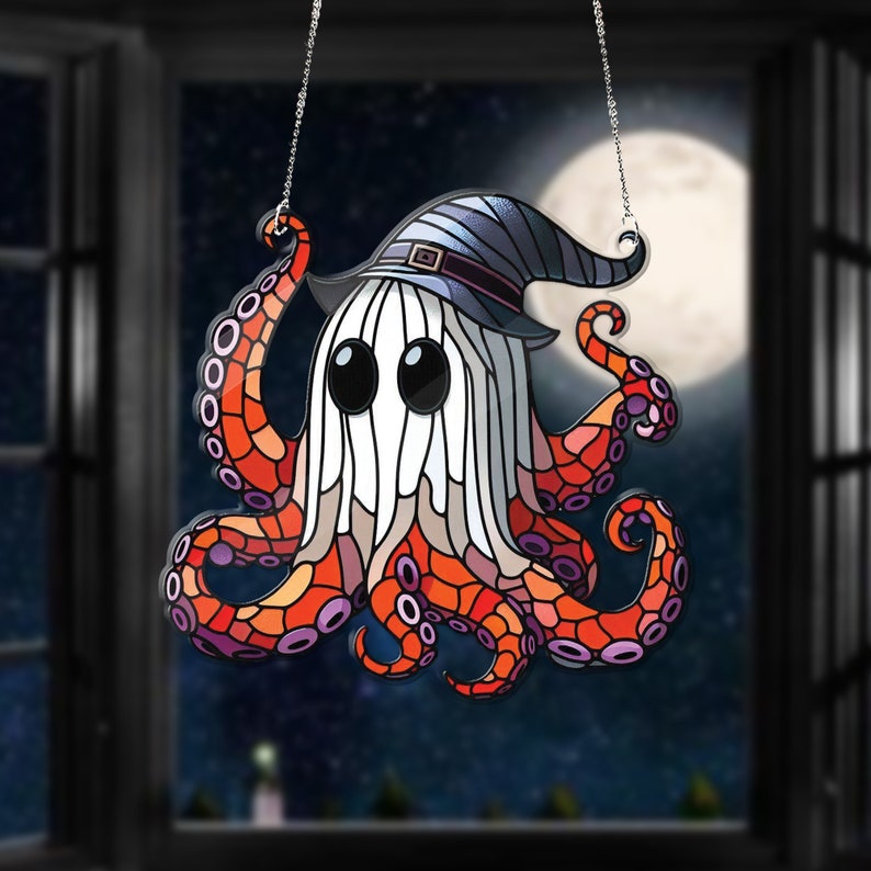 Halloween Octopus ACRYLIC window hanging, spooky ghost Octopus Window Hangings, Sea Octopus gift, Halloween decor