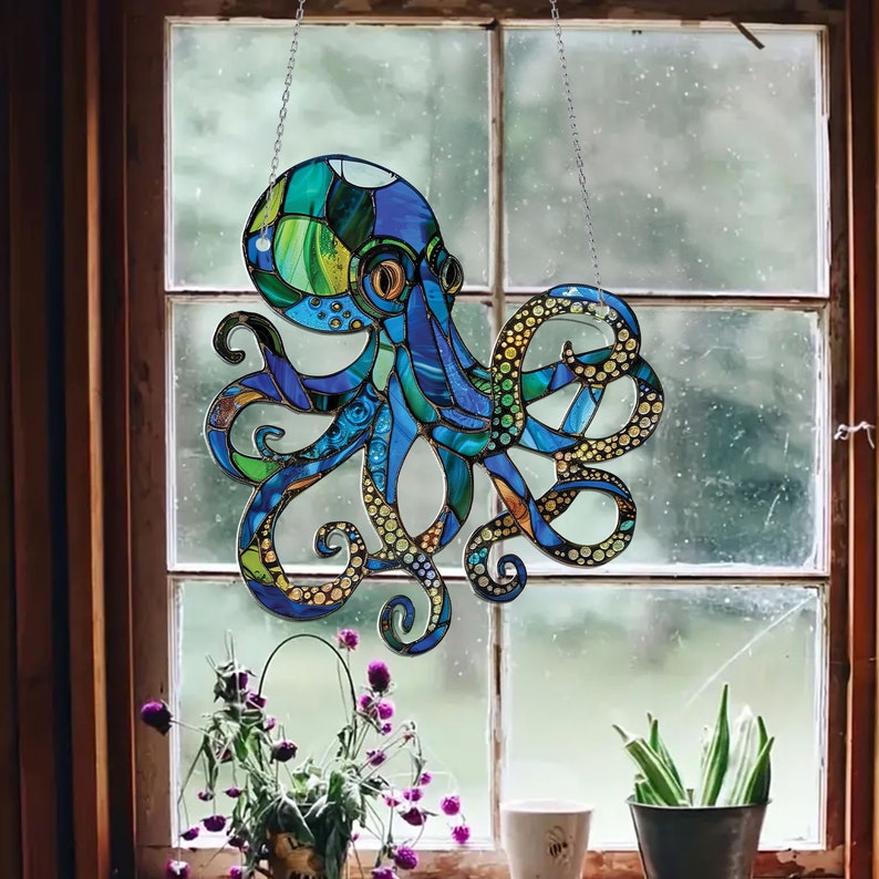 Octopus Acrylic Window Hanging, Blue Octopus Window Hangings, Octopus Lover Gift, Octopus Home Decoration, Father’s Day Gift, Mom Gift