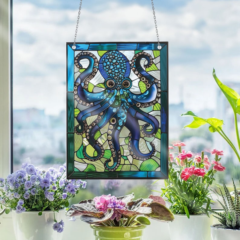 Octopus Acrylic Window Hanging, Blue Octopus Window Hangings, Gift For Octopus Lover, Octopus Home Decoration, Father’s Day Gift, Mom Gift