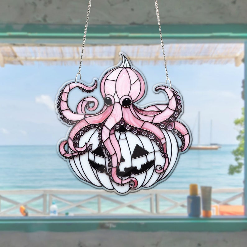 Gothic Pink Octopus on White Carved Pumpkin Acrylic Window Hanging | White Halloween Decor | Spooky Halloween Sign