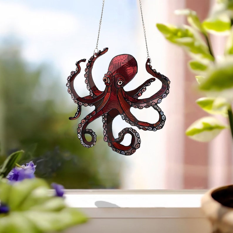 Red Octopus ACRYLIC window hanging, Octopus Window Hangings, Sea Octopus gift, Horror Decor, Faux Stained Glass,