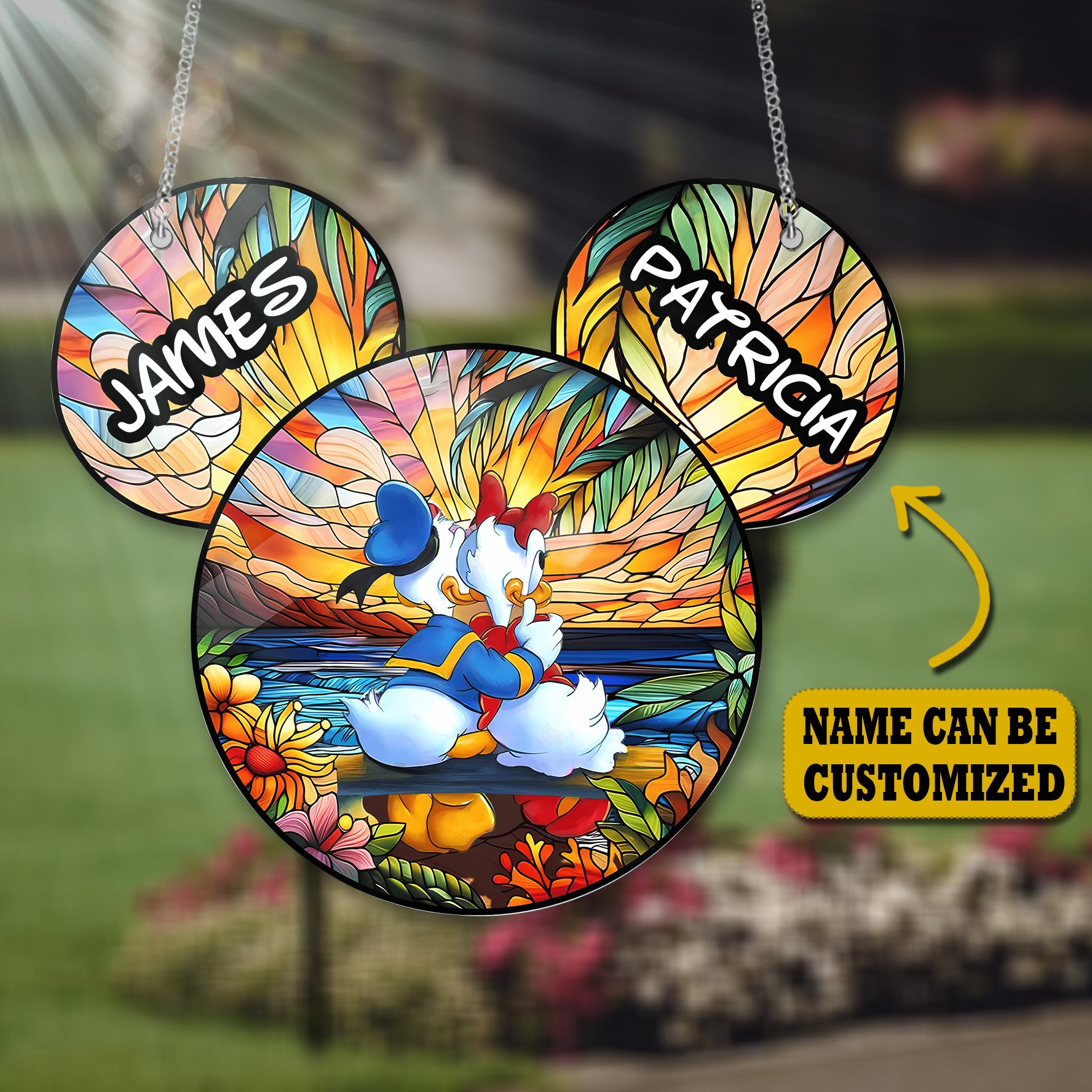 Donald Duck Couple Romantic Sunset Customized Acrylic Window Hangings, Disney Lover’s, Mickey Minnie Window hanging, Home Decor , Gift For Disney Lover’s , Couple Gift