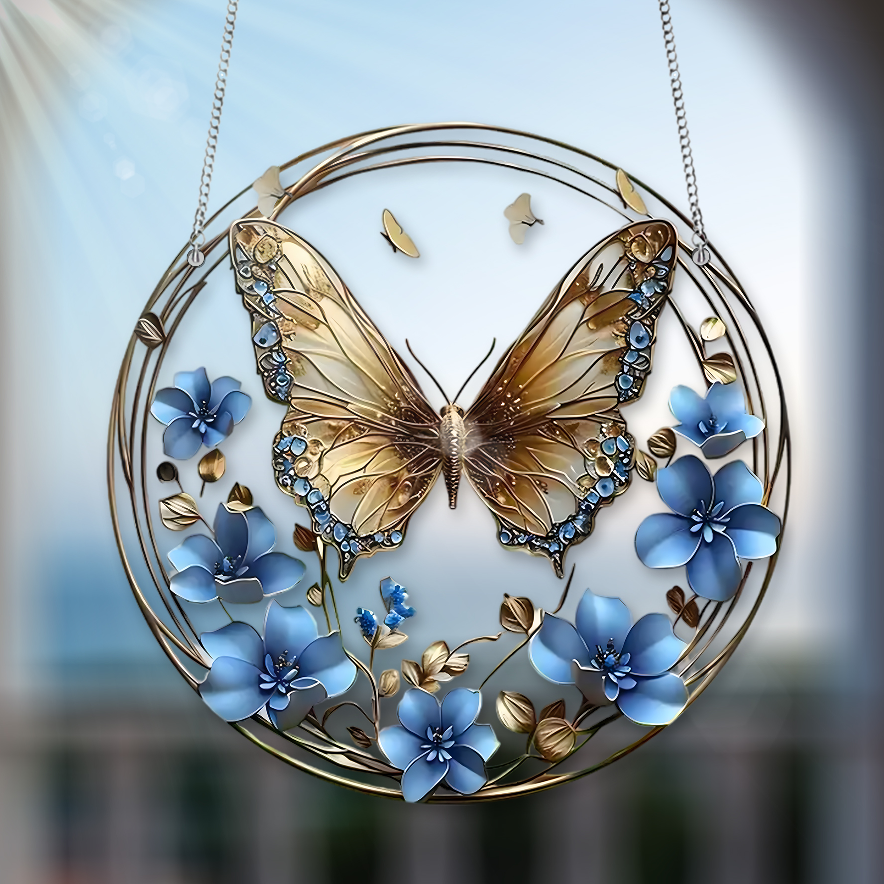 Butterfly And Blue FLower Acrylic Window Hanging