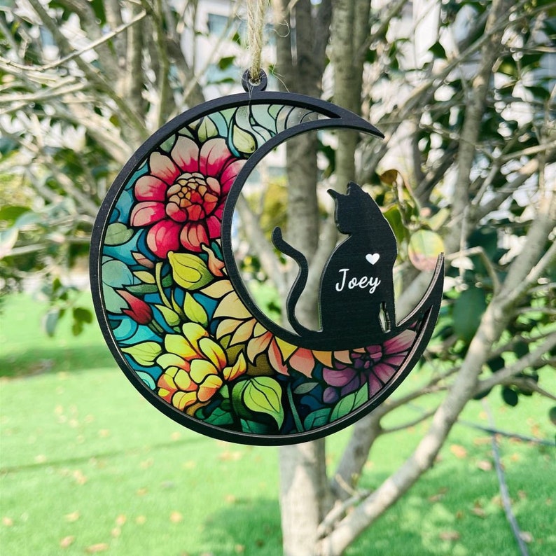 Cat Memorial Moon – Personalized Window Hanging Suncatcher Ornament, Gift For Cat Lover’s, Cat Lover’ Decor, Home Decor