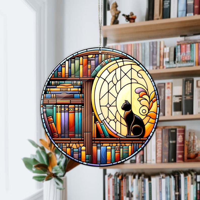 Cat And Library Acrylic Window Hanging, Flowers Arcylic Window Hanging Art Decoration, Cat home decor , gift for her,Bookish Gift, Library Gift, Housewarming Gift