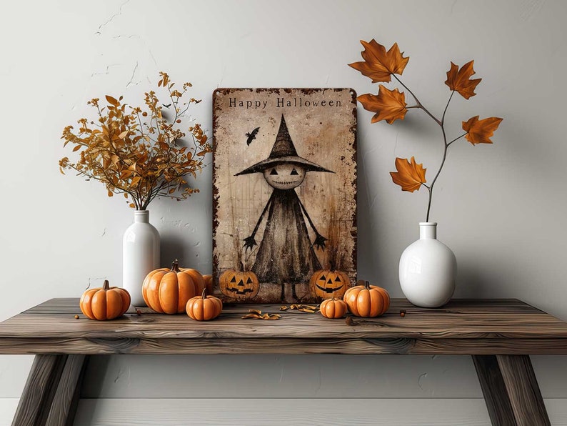 Primitive Halloween Decor Metal Sign Decoration Antique Rustic Distressed Porch Outdoor Safe Cottagecore – Cute Creepy Witch With Pumpkins