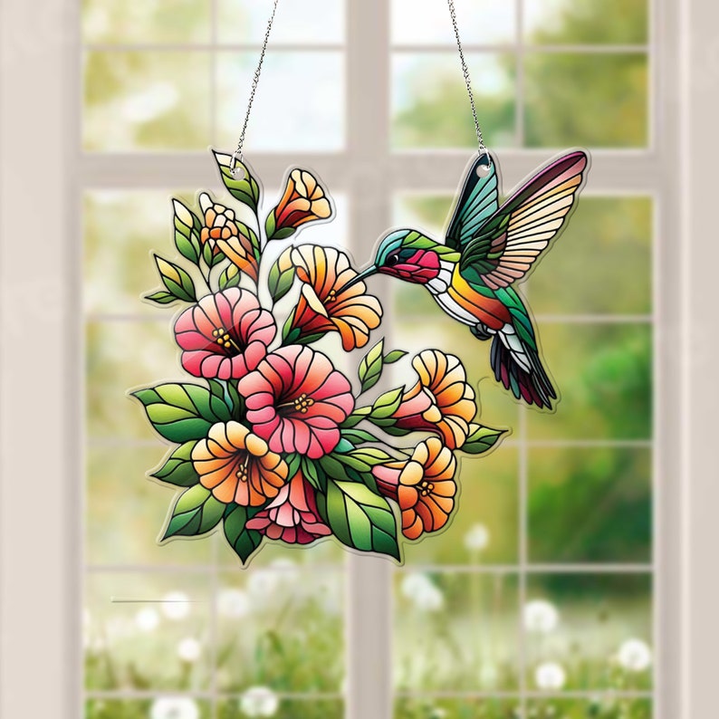 Hummingbird and Calibrachoa Flower Acrylic Window Hanging, Bird Decor, Gift For Bird Lover, Gift For Hummingbird Bird Lovers, Bird Lover’s , Garden Lover’s , Home Decore