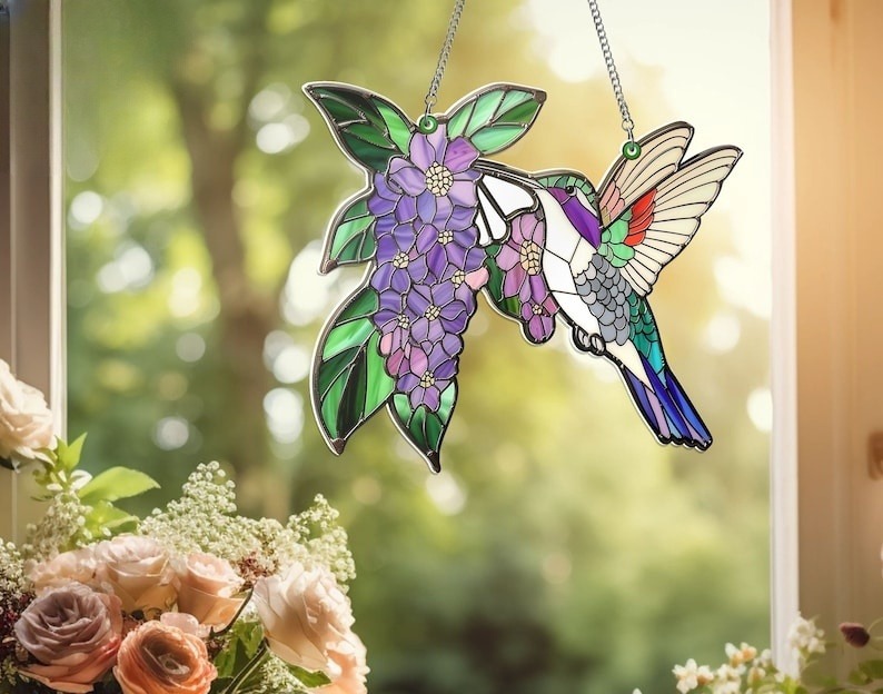 Hummingbird and Lilac Flower Acrylic Window Hanging, Bird Decor, Gift For Bird Lover, Gift For Hummingbird Bird Lovers, Bird Lover’s , Garden Lover’s , Home Decore