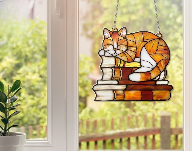 Cat Book Acrylic Window Hanging, Arcylic Window Hanging Art Decoration, Cat home decor , gift for her,Bookish Gift, Book Gift, Housewarming Gift