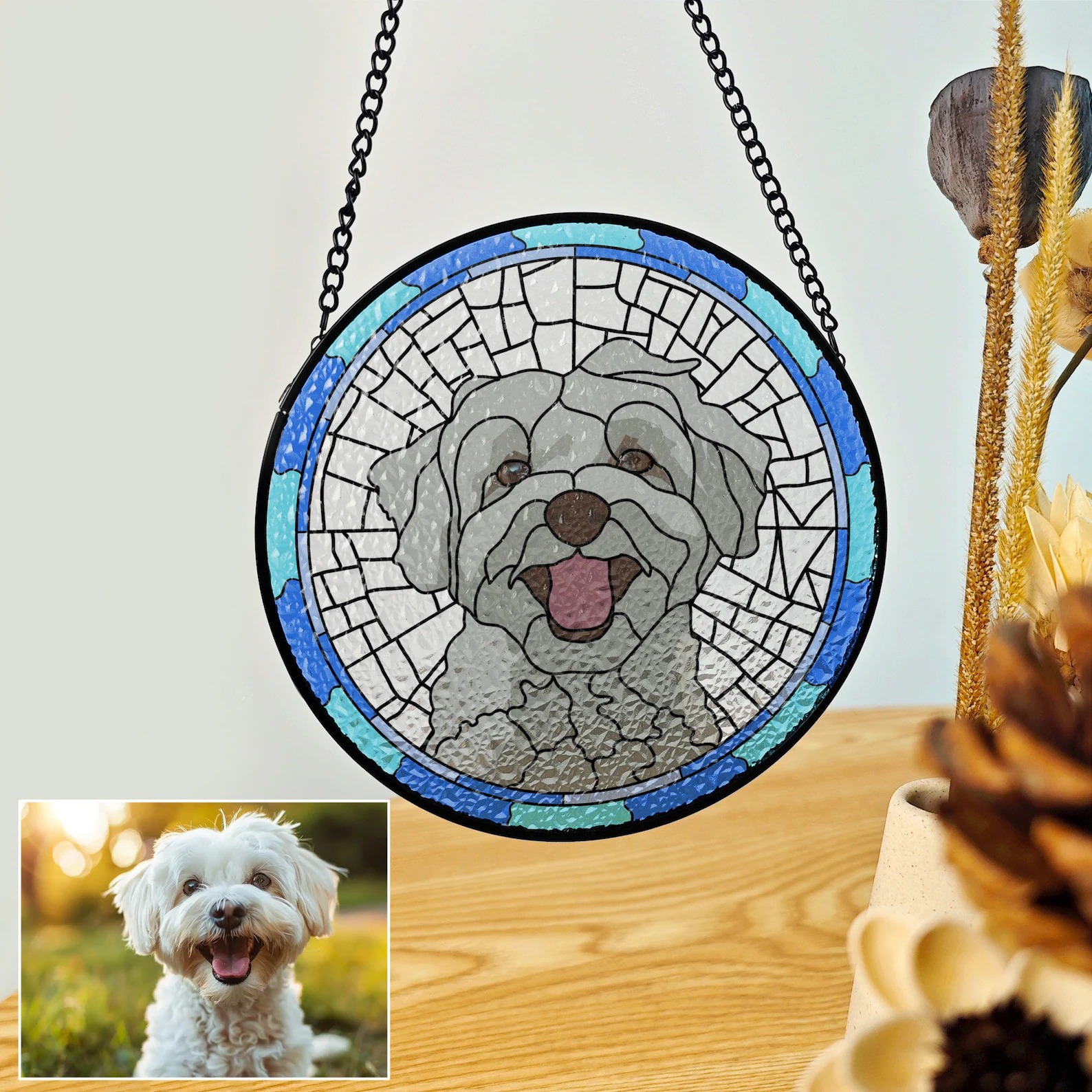 Custom dog Portrait Art hanging Window ,Custom Pet Portrait,Stained Glass Dog Memorial,Custom Dog Portrait from Photo,Indoor Decor