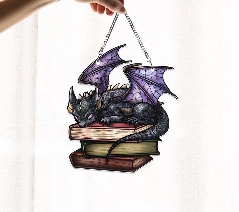 Dragon Sleeping on Books Acrylic window hanging, Fantasy dragon Wall Window Hanging Art Decoration, Book lovers home decor, Gift For Dragon