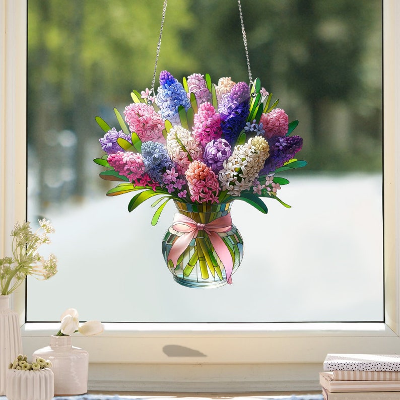 Hyacinth flower bouquet Acrylic Window Hanging, Wall Art, Bouquet Flower, Flowers Pot, Mother’s day gift, gift for mom, Garden Gift, Flower Lover’s