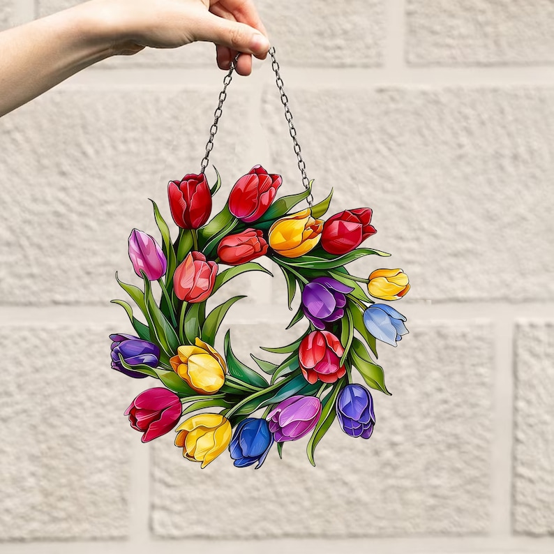 Tulip Colorful Acrylic Window Hanging, Wall Art, Indoor Decor, Bouquet Tulips, Flowers Pot, gift for mom, Garden Gift, Flower Lover’s