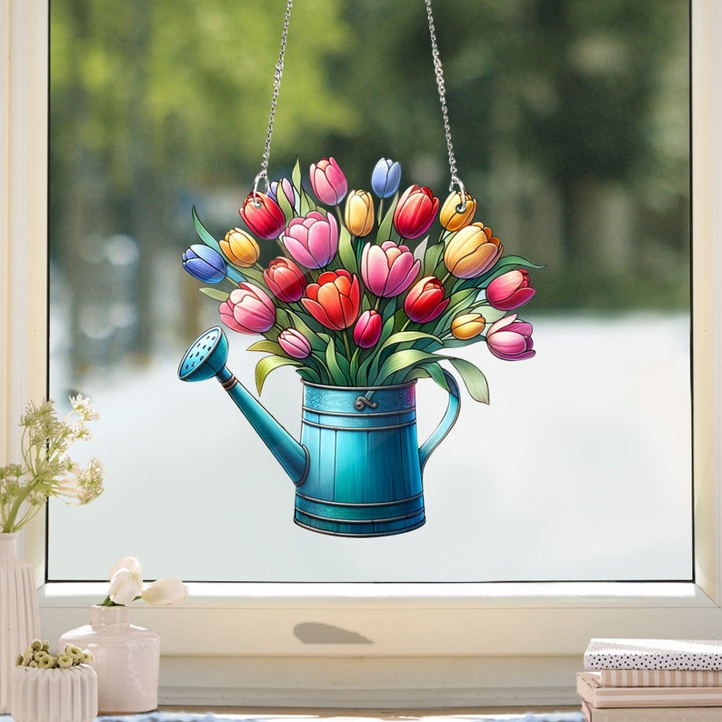 Tulip Colorful Acrylic Window Hanging, Wall Art, Indoor Decor, Bouquet Tulips, Flowers Pot, gift for mom, Garden Gift, Flower Lover’s