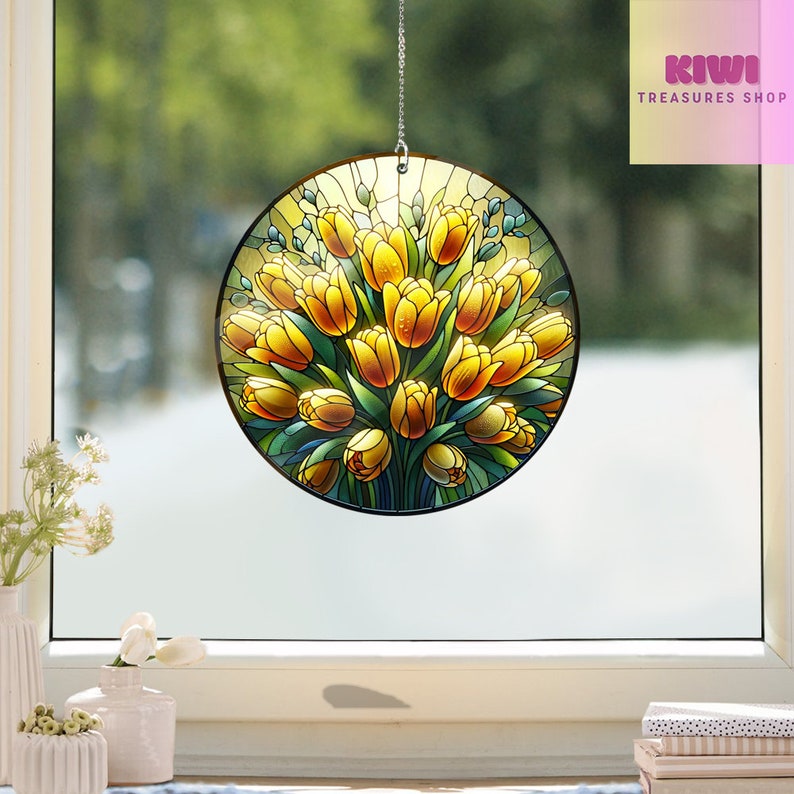 Tulip Colorful Acrylic Window Hanging, Wall Art, Indoor Decor, Bouquet Tulips, Flowers Pot, gift for mom, Garden Gift, Flower Lover’s