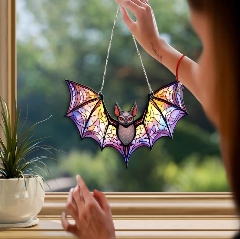 Bat Colorful Acrylic Window Hanging, Indoor Decor, Bat lovers gift, Funny Bat window decor, Halloween Gift, Halloween decor, Garden Gift, Bat Lover’s