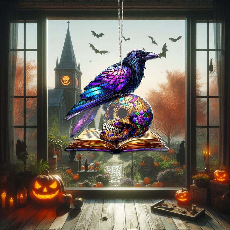 Raven Halloween Acrylic Window Hanging, Raven Halloween Decor, Halloween Decoration, Gift For Her, Gift For Garden