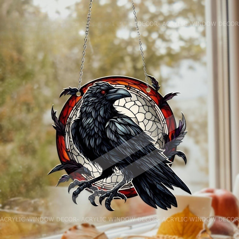 Raven Halloween Acrylic Window Hanging, Raven Halloween Decor, Halloween Decoration, Gift For Her, Gift For Garden