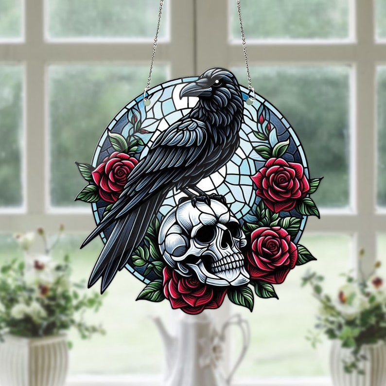 Raven Halloween Acrylic Window Hanging, Raven Halloween Decor, Halloween Decoration, Gift For Her, Gift For Garden