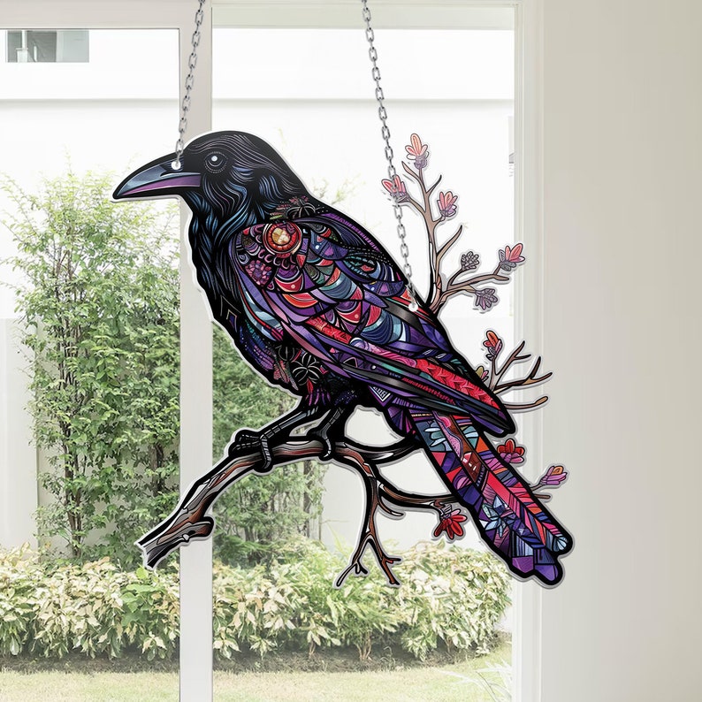 Raven Halloween Acrylic Window Hanging, Raven Halloween Decor, Halloween Decoration, Gift For Her, Gift For Garden