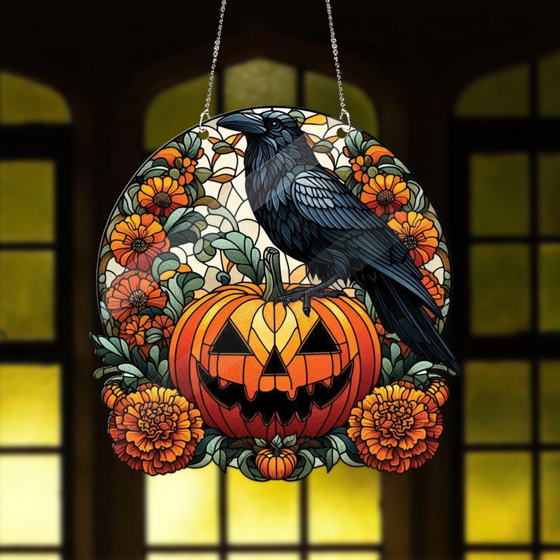 Raven Halloween Acrylic Window Hanging, Raven Halloween Decor, Halloween Decoration, Gift For Her, Gift For Garden