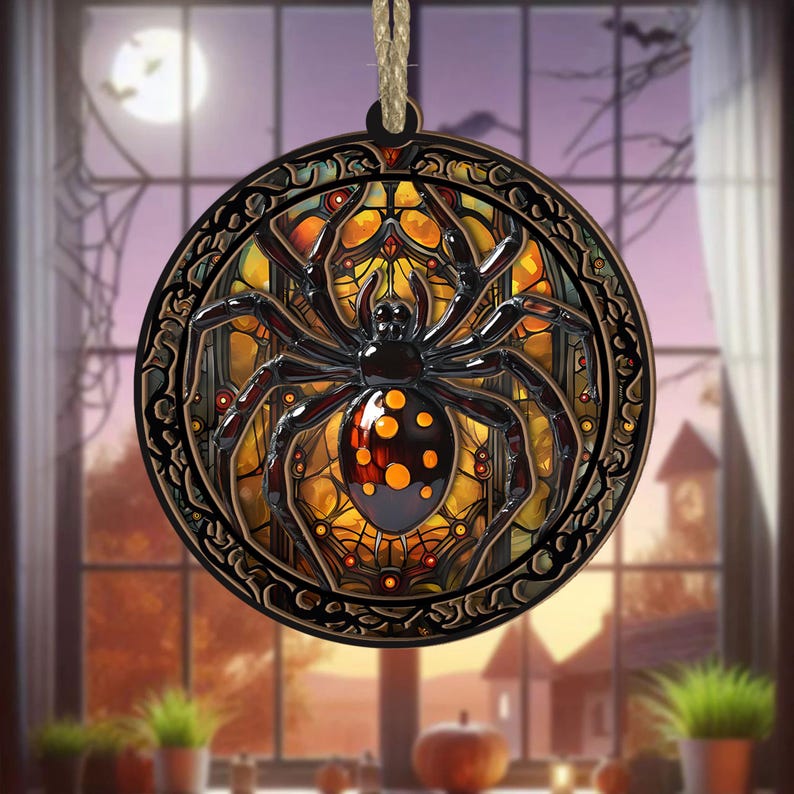 Halloween Spider ACRYLIC Window Hanging Ornament, Stained Glass Style With ACRYLIC Material, Spider Lover, Halloween Gift, Halloween Decor