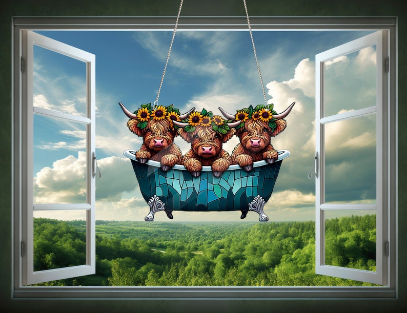 Highland Cows sunflowers in bathroom Acrylic Window Hangings, Gift For Cow Lover’s , Gift For Farm, Farmer Decor, Farmer’s Life