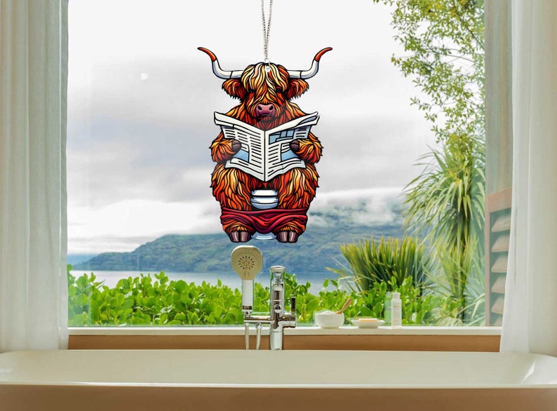 Highland Cows in bathroom Acrylic Window Hangings, Gift For Cow Lover’s , Gift For Farm, Farmer Decor, Farmer’s Life