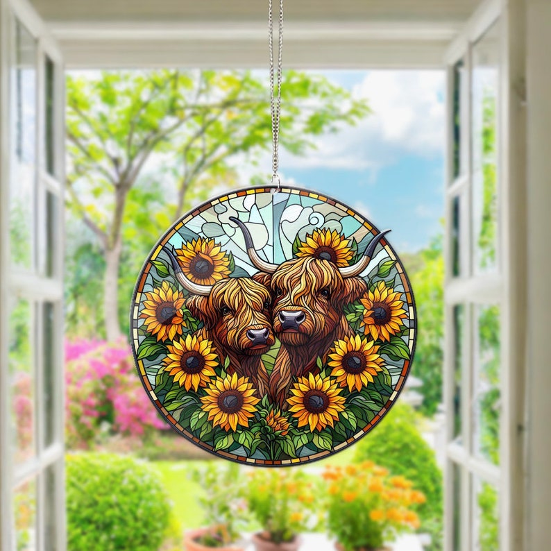 Highland Cows sunflowers Acrylic Window Hangings, Gift For Cow Lover’s , Gift For Farm, Farmer Decor, Farmer’s Life