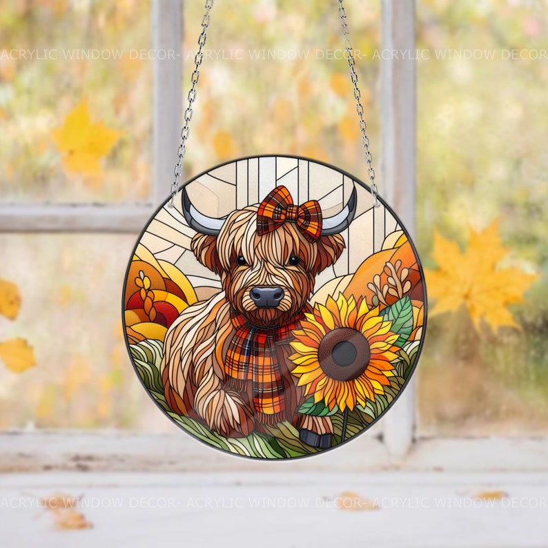 Highland Cows sunflowers Acrylic Window Hangings, Gift For Cow Lover’s , Gift For Farm, Farmer Decor, Farmer’s Life