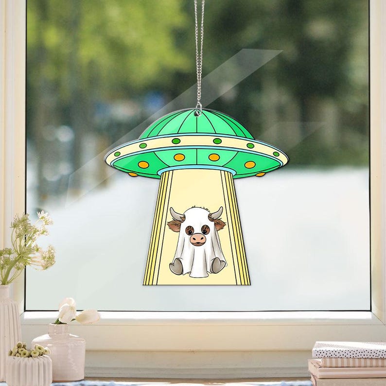 Funny UFO Abduction a Cow Window Hanging, Gift For Cow Lover’s , Gift For Farm, Farmer Decor, Farmer’s Life